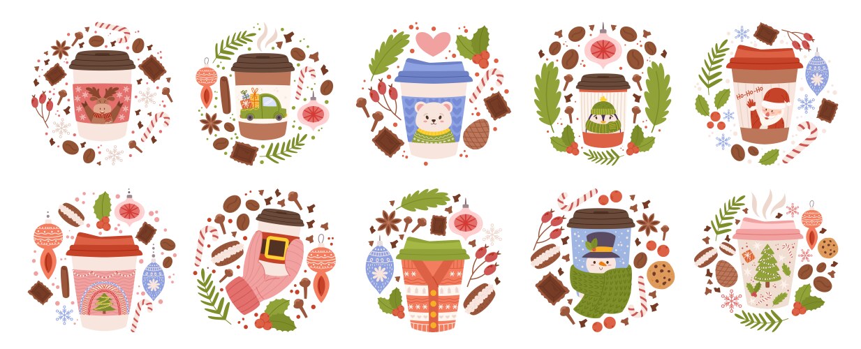 Festive Christmas Coffee Cups Vector Image