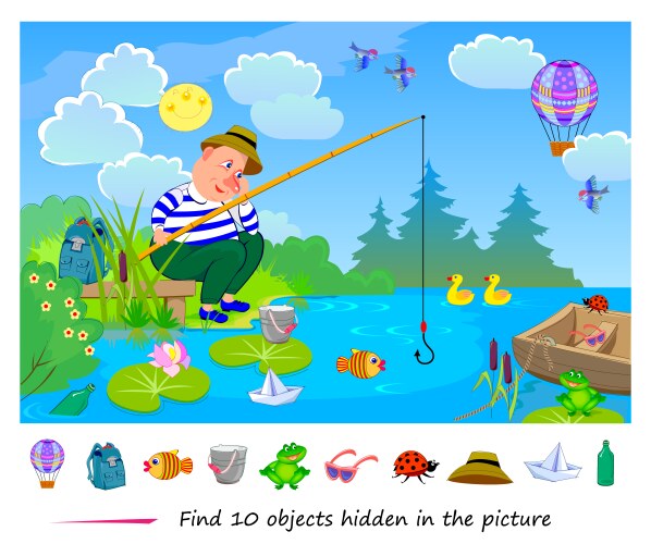 Find 10 objects hidden in the picture logic vector image