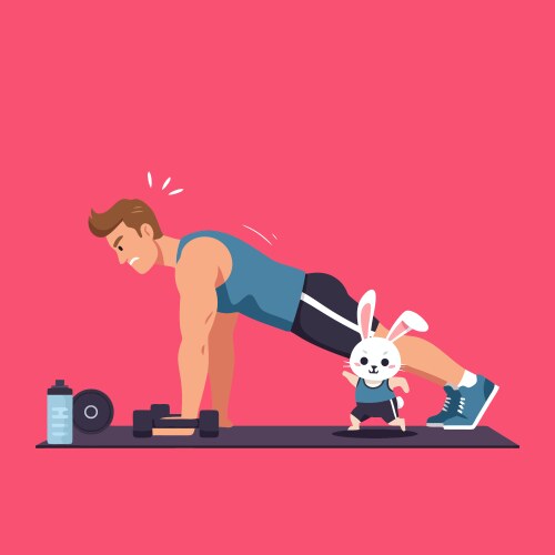 Man doing push-up exercise with rabbit cartoon vector image