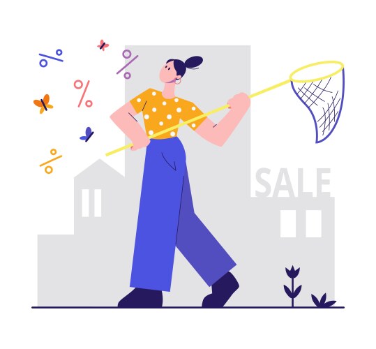 Girl catches a discount with net sale vector image