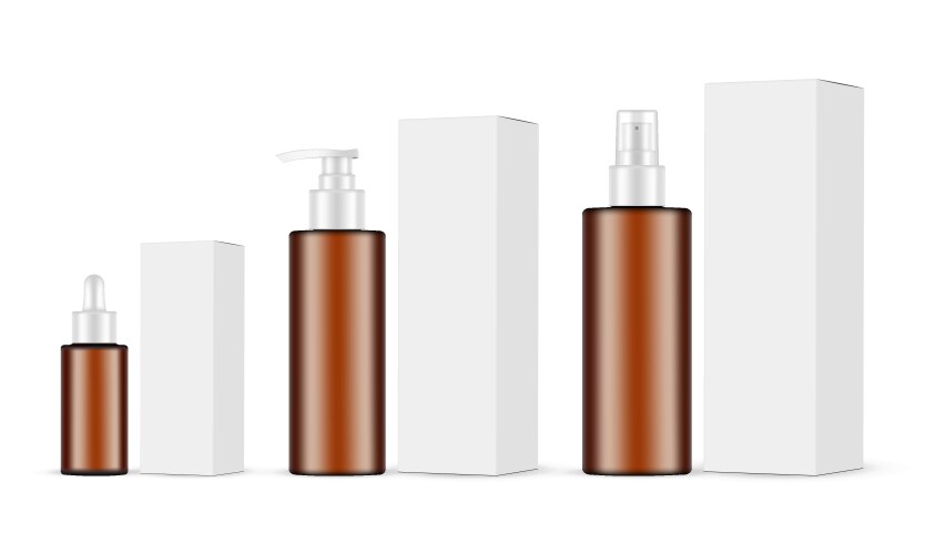 set of amber cosmetic bottles and boxes vector