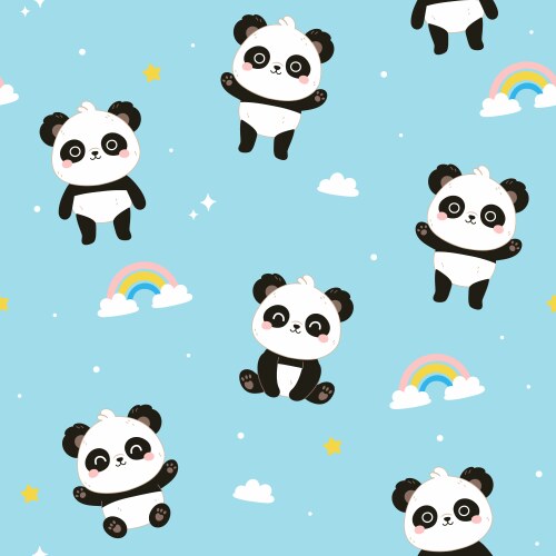 seamless pattern with cute kawaii pandas rainbows vector image