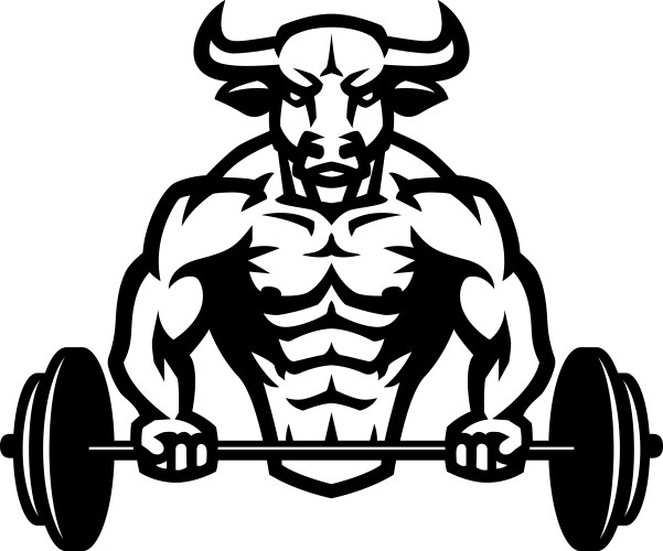 A bodybuilder with bull head holds barbell Vector Image