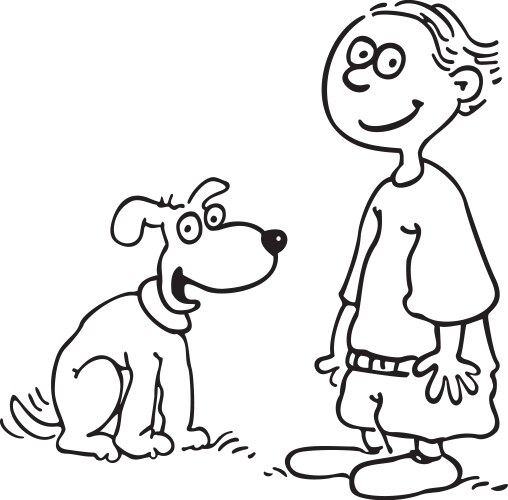 Boy with dog outlined cartoon hand drawn sketch Vector Image