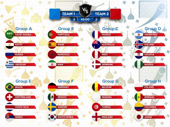 Football cup group stage world tournament table vector image