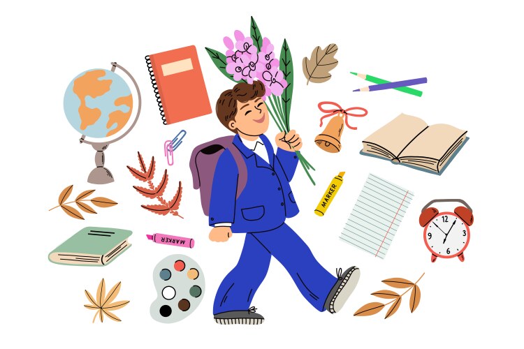 Schoolchild with Flowers and Supplies Vector Image