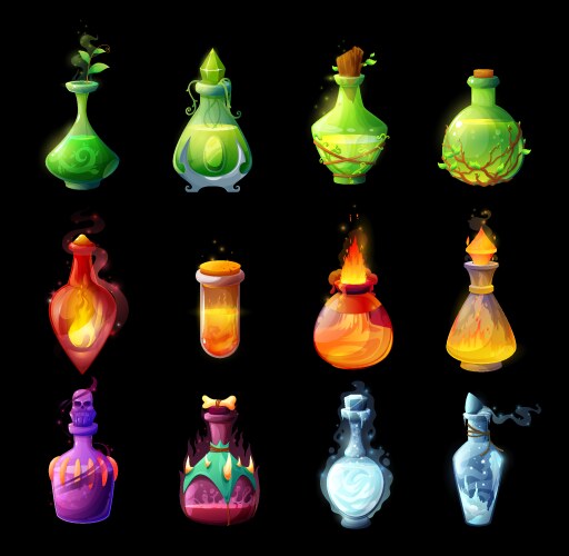 cartoon magic potions bottles game design icons vector image