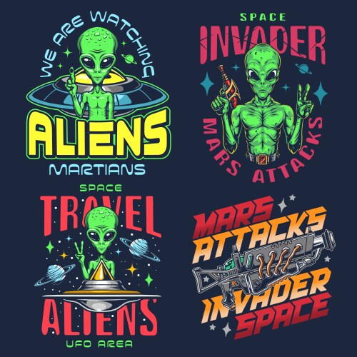 aliens martians set emblems colorful vector