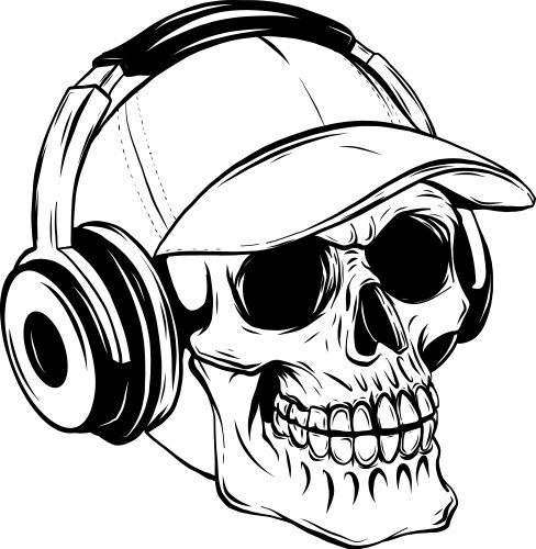 Skull with Headphones - Music Drawing Vector Image