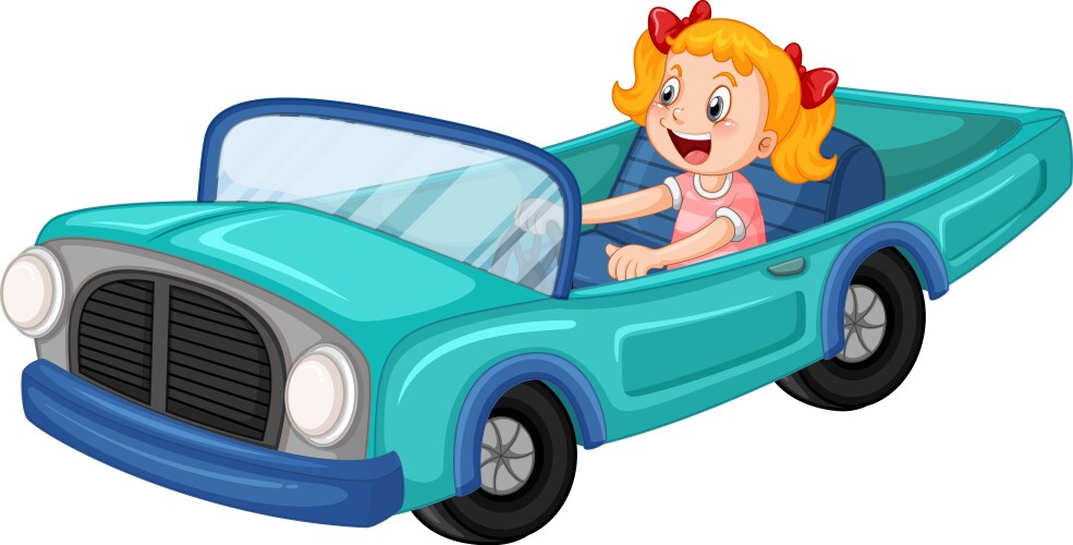 little girl driving vintage car in cartoon design vector