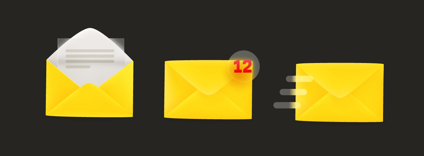 yellow envelopes icons set with glassmorphism vector image