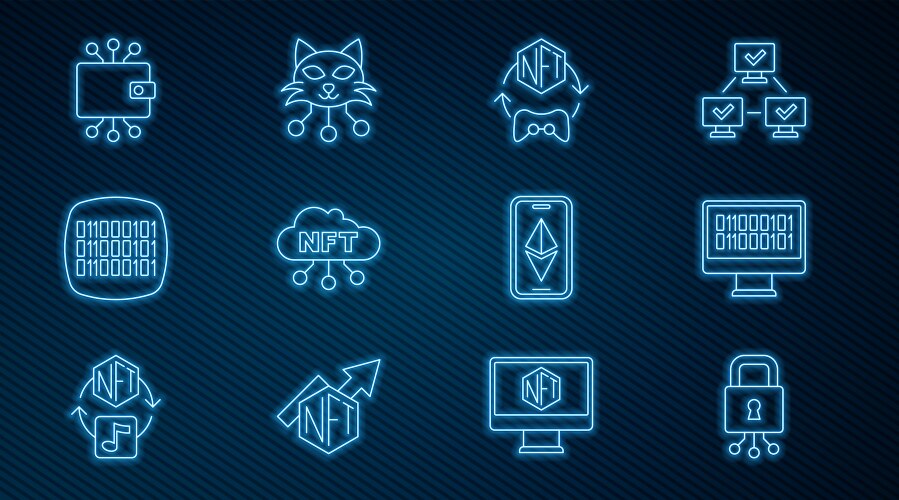Set line cyber security binary code nft digital vector image