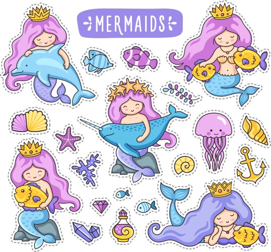 Cute Mermaids and Sea Creatures Vector Image