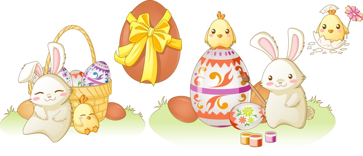 Cute Easter Bunnies with Eggs – Free Vector | VectorStock