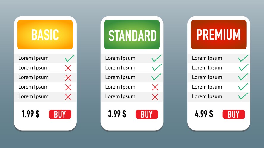 Tariff plan standard medium premium grey Vector Image