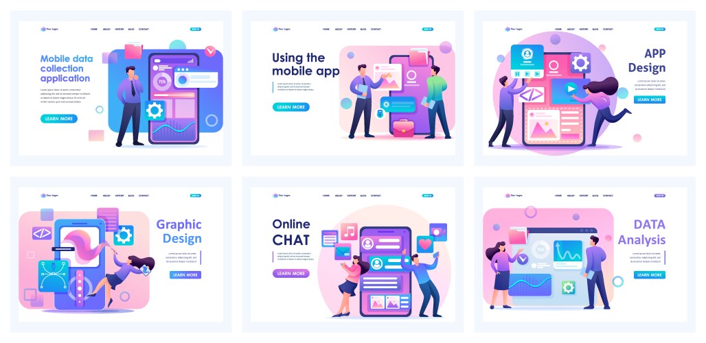 collection of landing pages mobile applications vector image