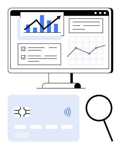Data analysis with charts on a monitor magnifying vector image