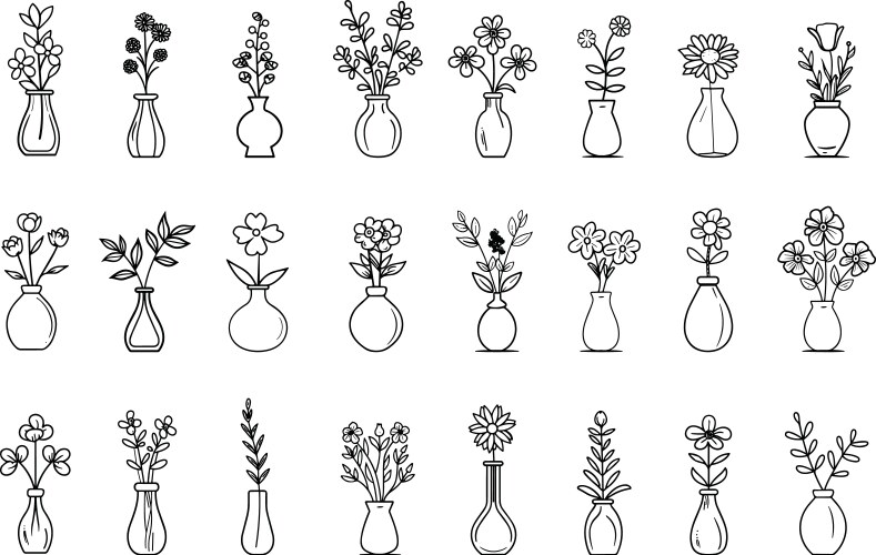 Flowers in vase linear set plants interior Vector Image