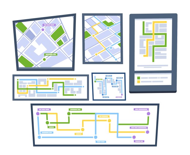 Set of navigation maps displayed on different vector image