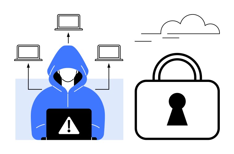 Hacker in hooded jacket accessing multiple laptops vector image