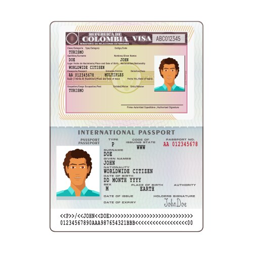 International open passport with colombia visa vector image