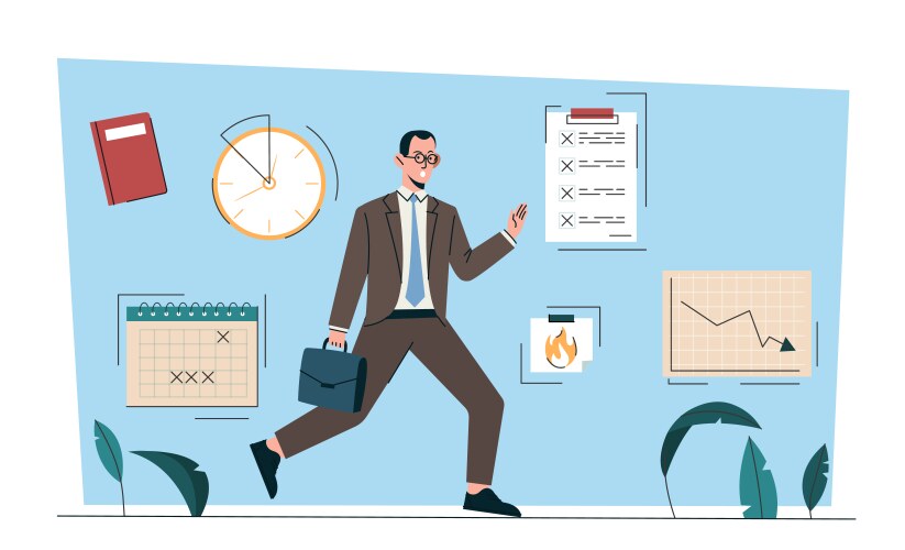 Businessman rushing by hourglass vector image