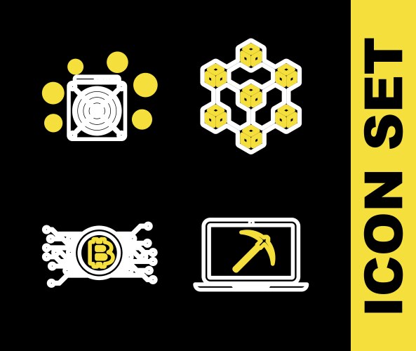 Set line blockchain technology mining with laptop vector image