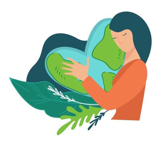 Care for planet woman hugging heart shaped earth vector image