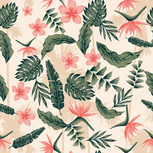 Tropical Flowers & Palm Leaves Vector Image
