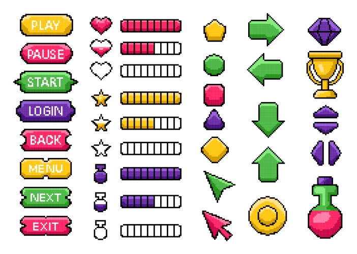 Pixel game ui elements that enhance interactive vector image