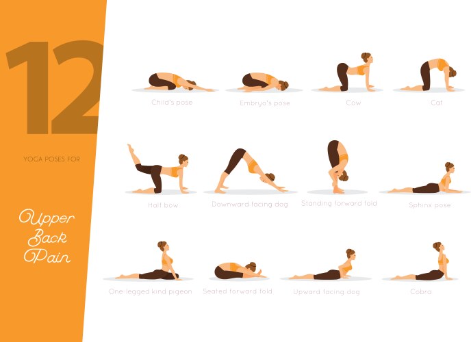 12 Yoga Poses for Back Pain Relief Vector Image