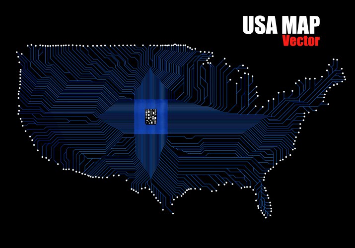 abstract map usa with cpu glowing circuit board vector image