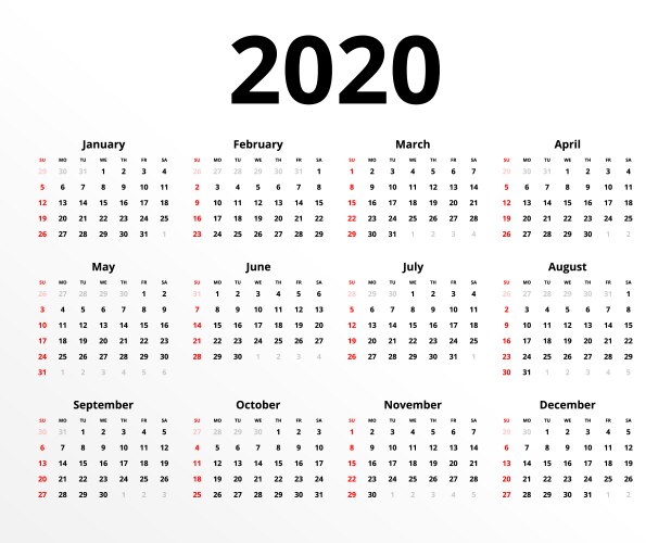 calendar for 2020 new year in clean minimal table vector image