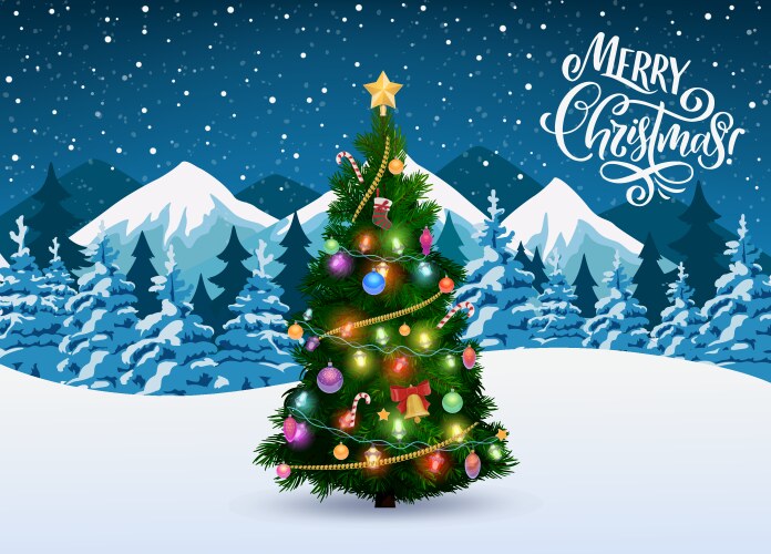 christmas pine tree on snow holiday background vector image