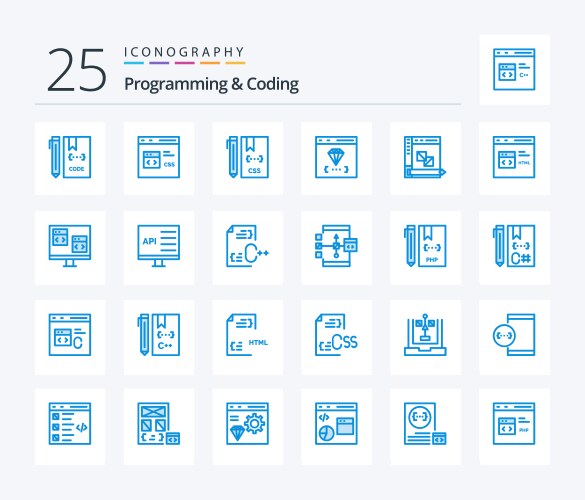 Programming and coding 25 blue color icon pack vector image
