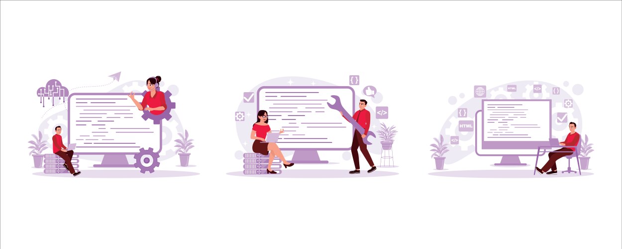 Website coding programmer at work man breaking vector image