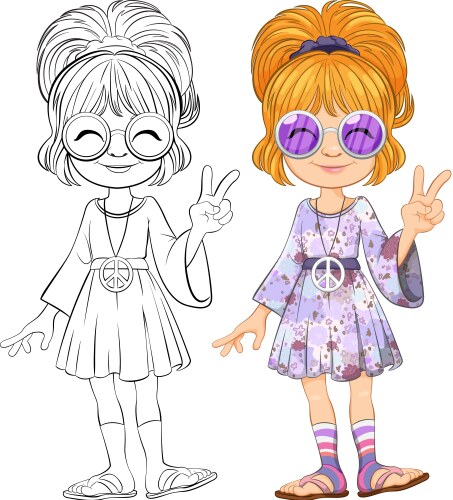 Cartoon girl in hippie attire showing peace sign vector image