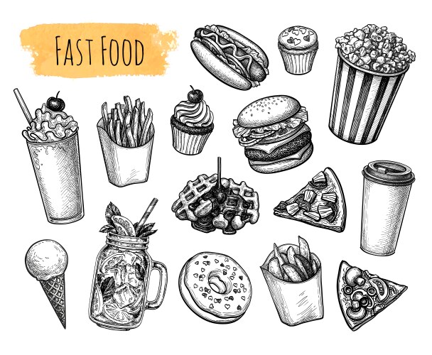 Hand-Drawn Fast Food Sketch Set Vector Image