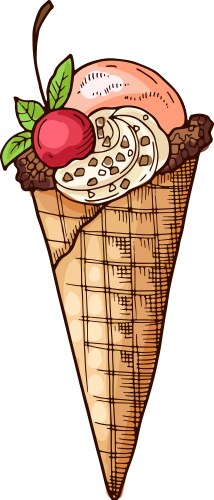 Waffle cone berry ice cream color drawing Vector Image
