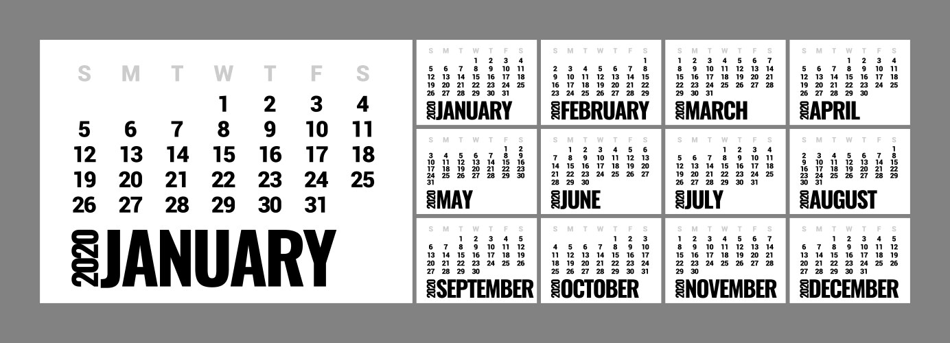 Calendar for 2020 new year in clean minimal table vector image