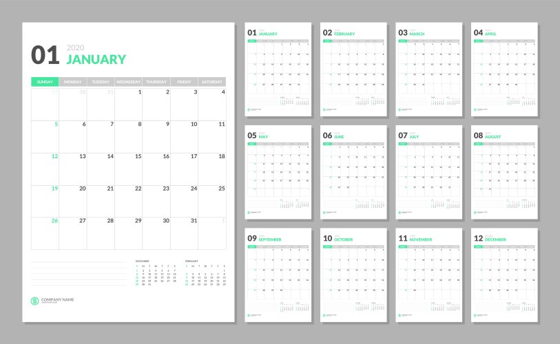 Calendar for 2020 new year in clean minimal table vector image