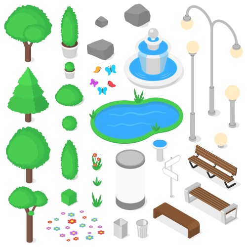 Recreational park design elements isometric 3d Vector Image