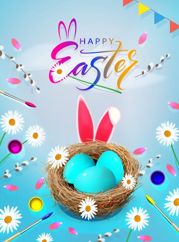 Easter blue composition nest with eggs and bunny Vector Image