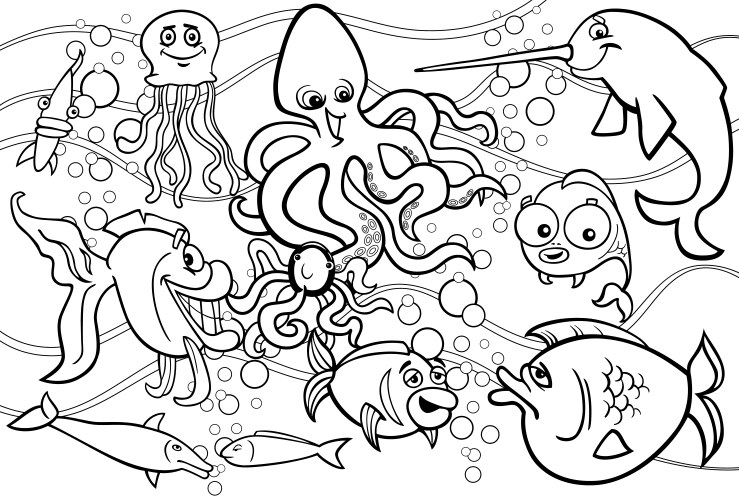 sea life animals group coloring page vector image