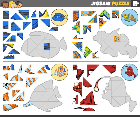 Jigsaw puzzle games set with funny cartoon fish vector image