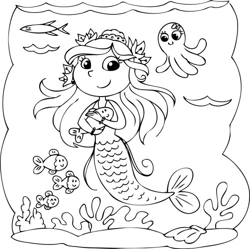 Cute Mermaid Coloring Page - Ocean Scene Vector Image