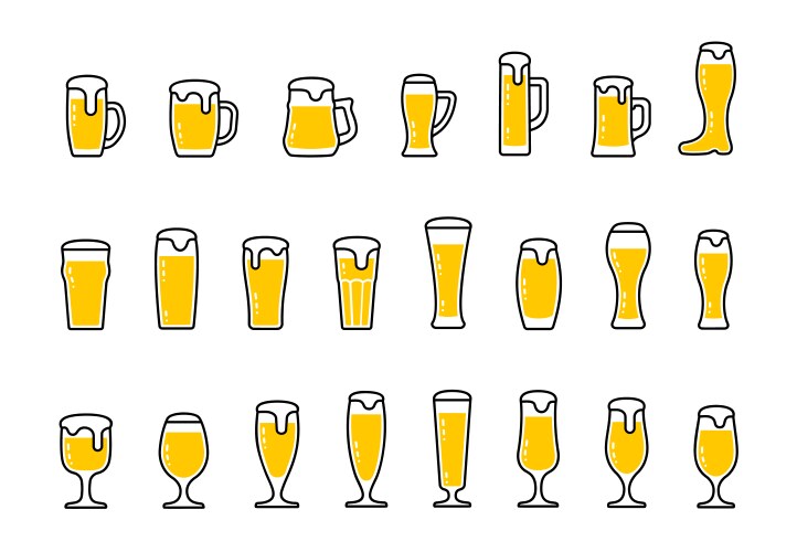 Set icons beer with foam in mugs and glasses vector image