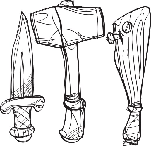 Dagger hammer and baseball bat cartoon drawing Vector Image