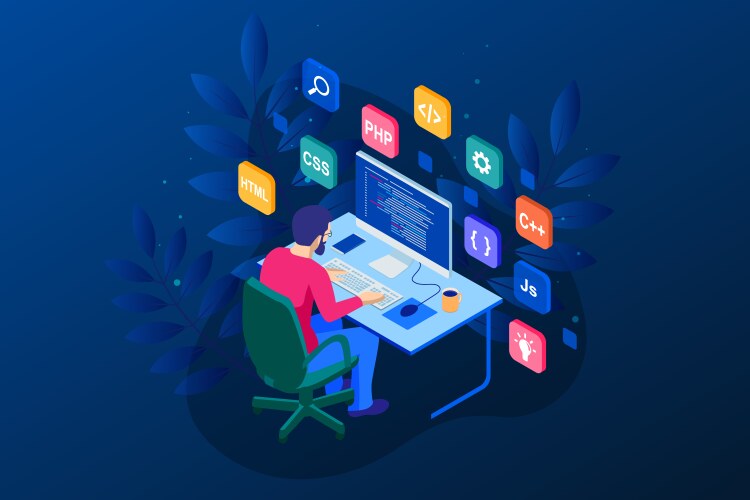 isometric developing programming and coding vector image