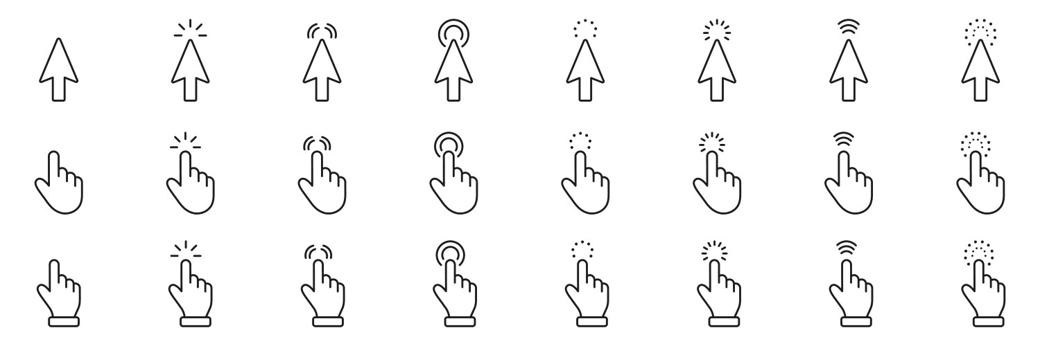 Cursor and hand gesture line icon set pointer vector image